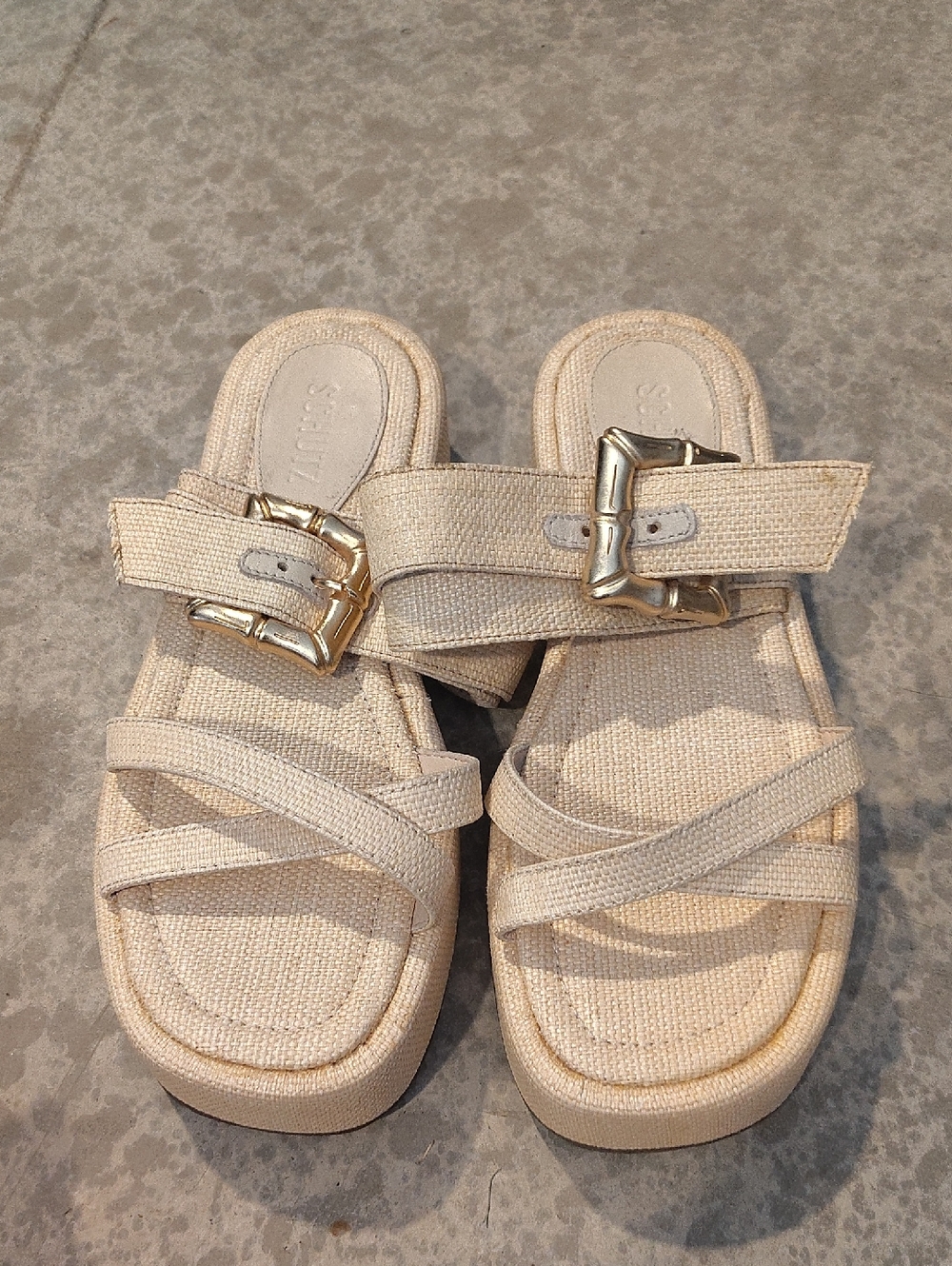 SCHUTZ Cream Woven Slide Sandals with Gold Buckles